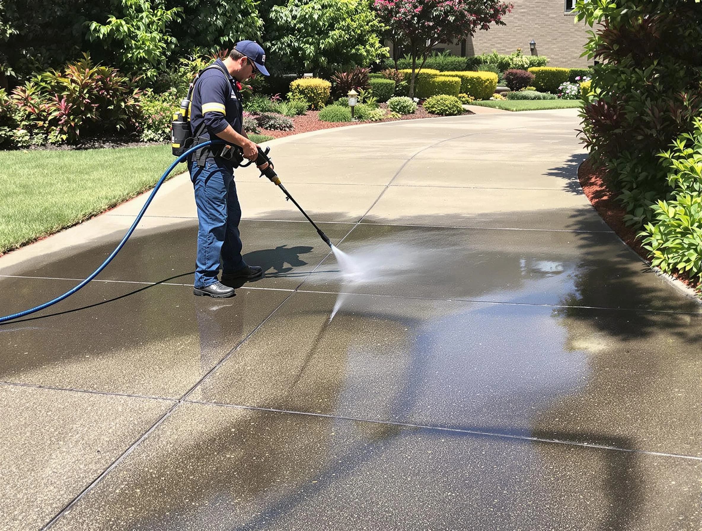 Experienced Eastlake Power Washing team member pressure washing a driveway in Eastlake