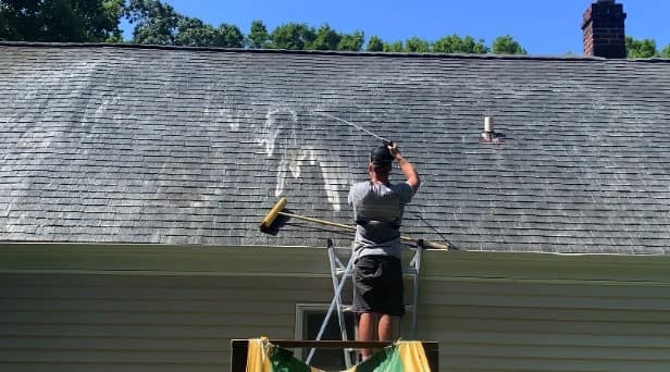 Before and after results of roof washing by Eastlake Power Washing in Eastlake